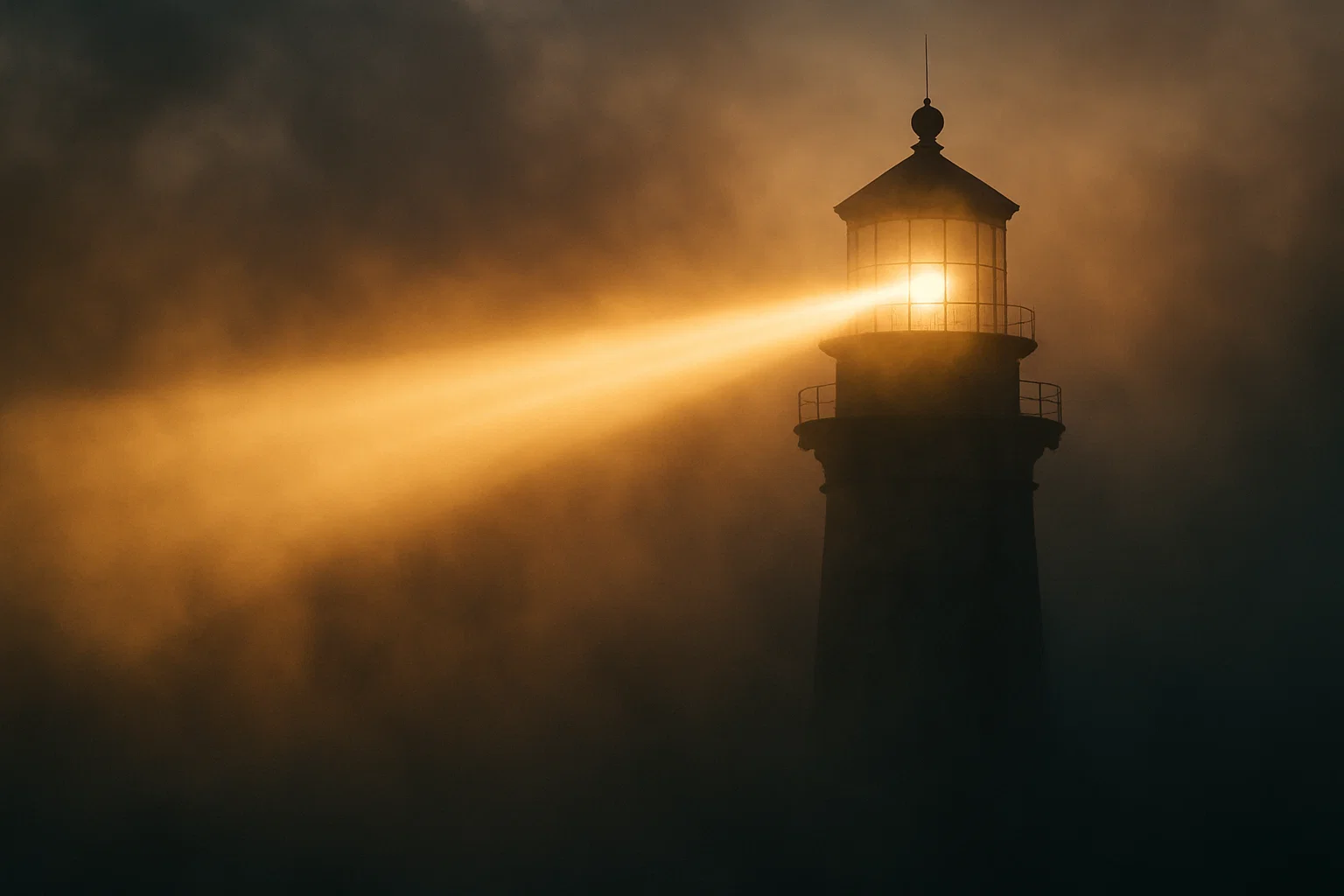 Attention Calibration - Lighthouse beam cutting through fog, representing focused attention and mental clarity
