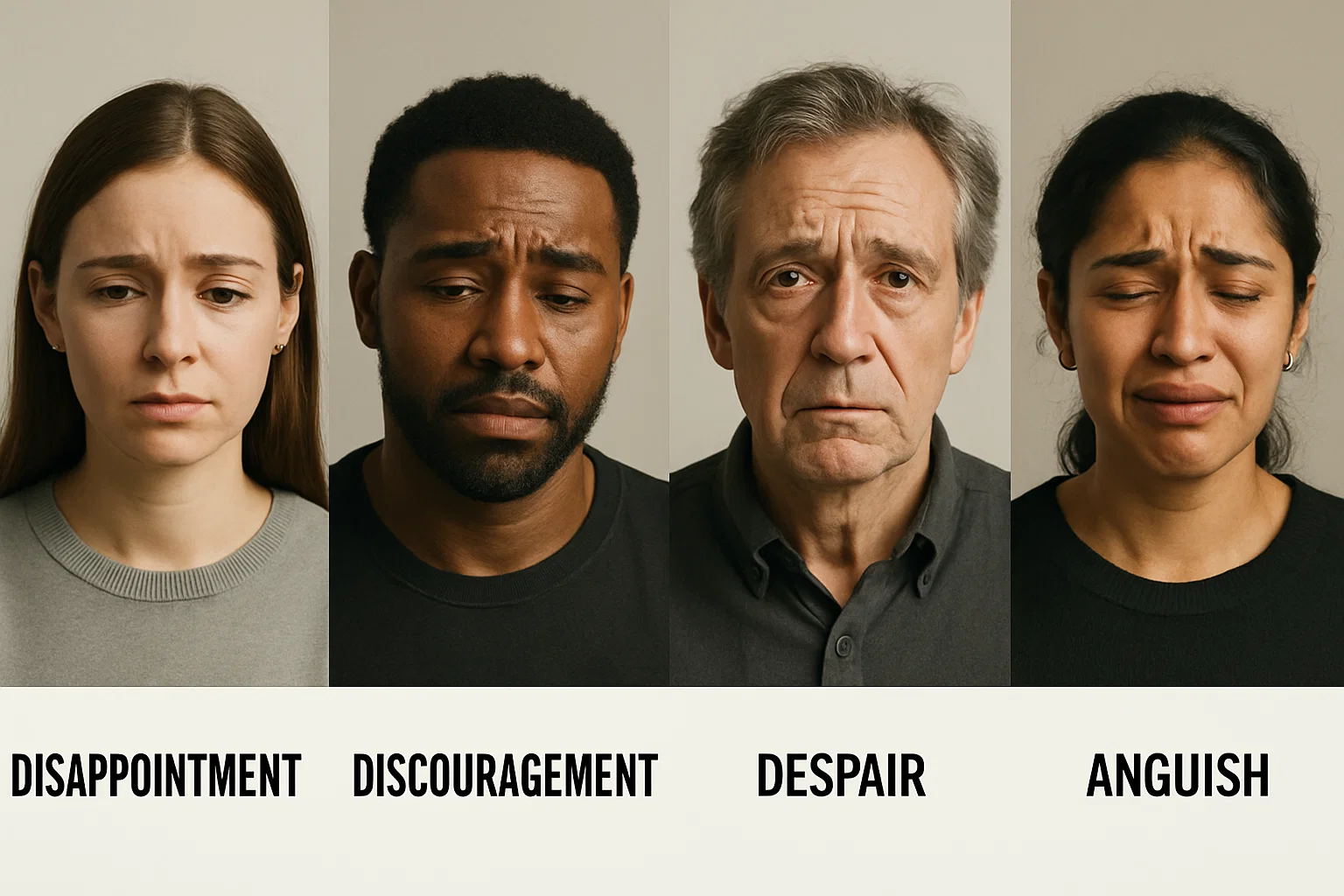 Four portraits showing different emotional states: disappointment, discouragement, despair, and anguish - demonstrating emotional granularity
