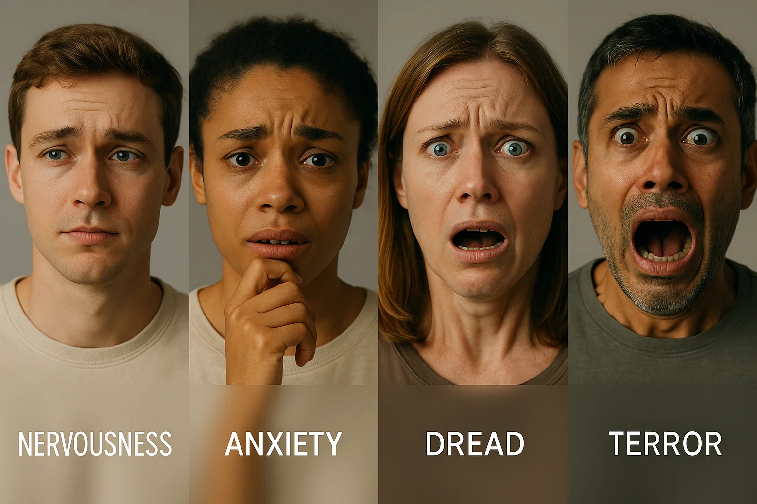 Emotional Granularity - Four faces showing nervousness, anxiety, dread, and terror