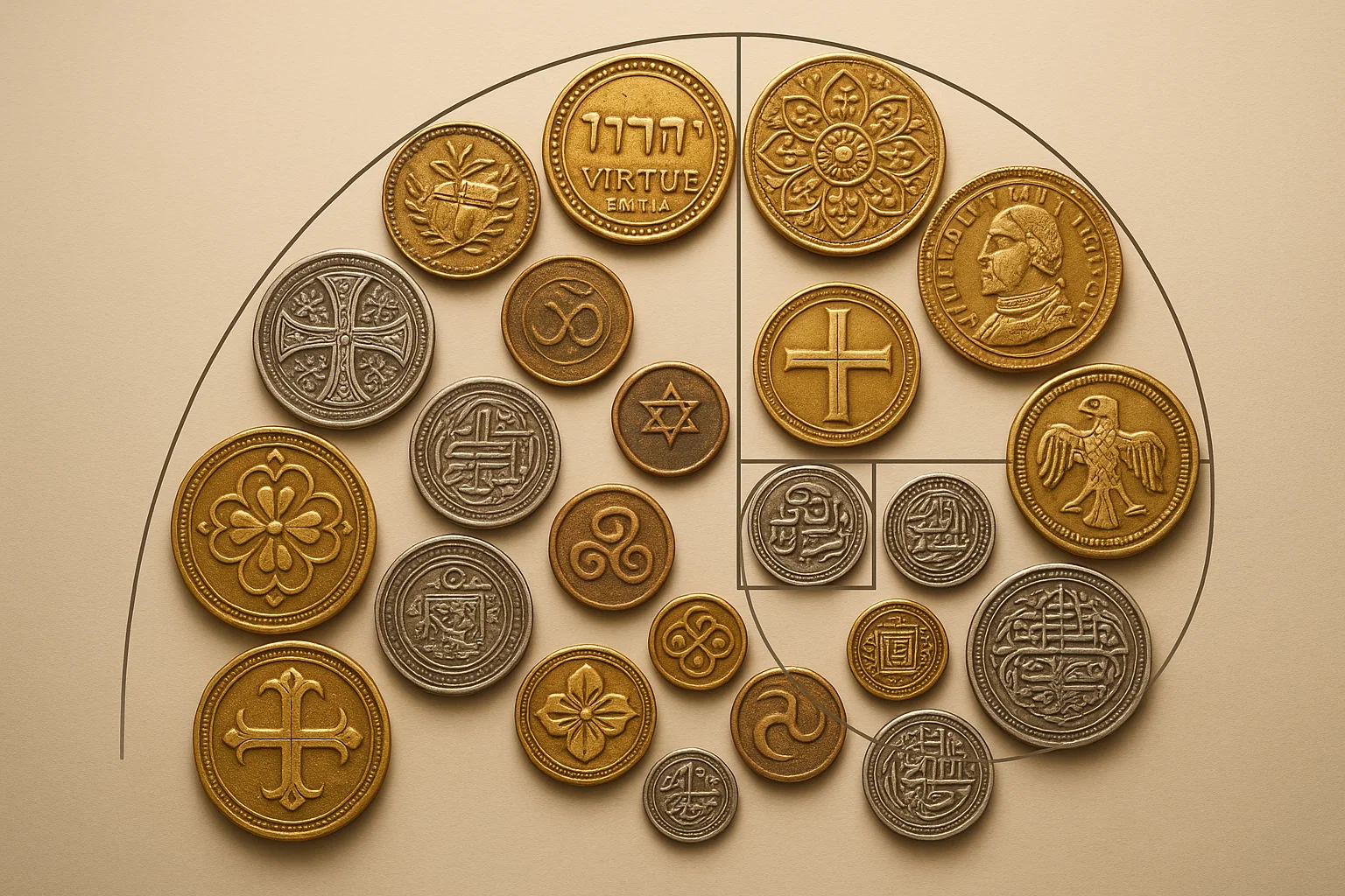 Financial Precision - Collection of diverse coins and medallions representing different cultural approaches to value and currency