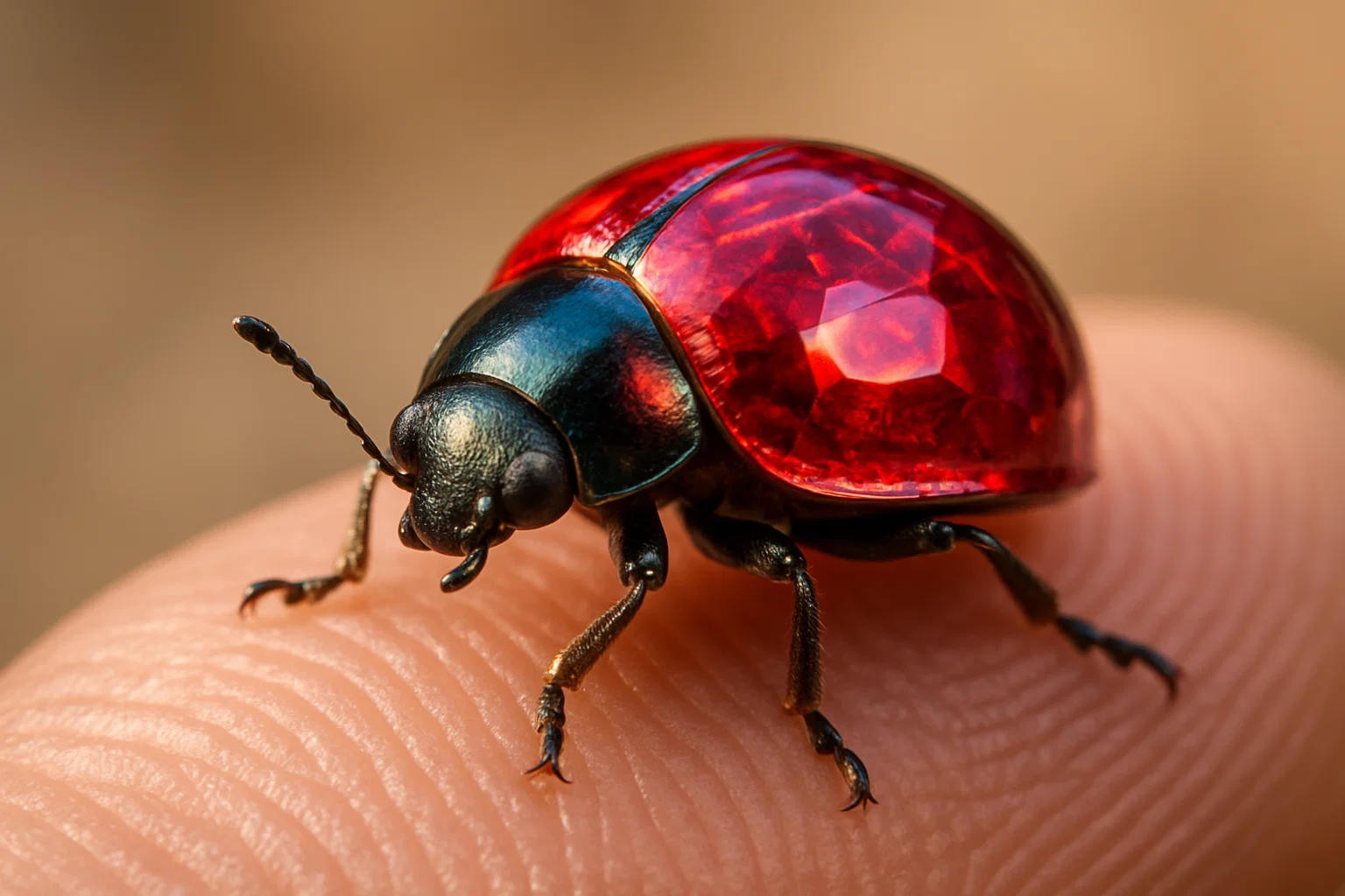 Mindful Moments - A beautiful beetle with gem-like shell on a finger, representing finding extraordinary awareness in ordinary encounters
