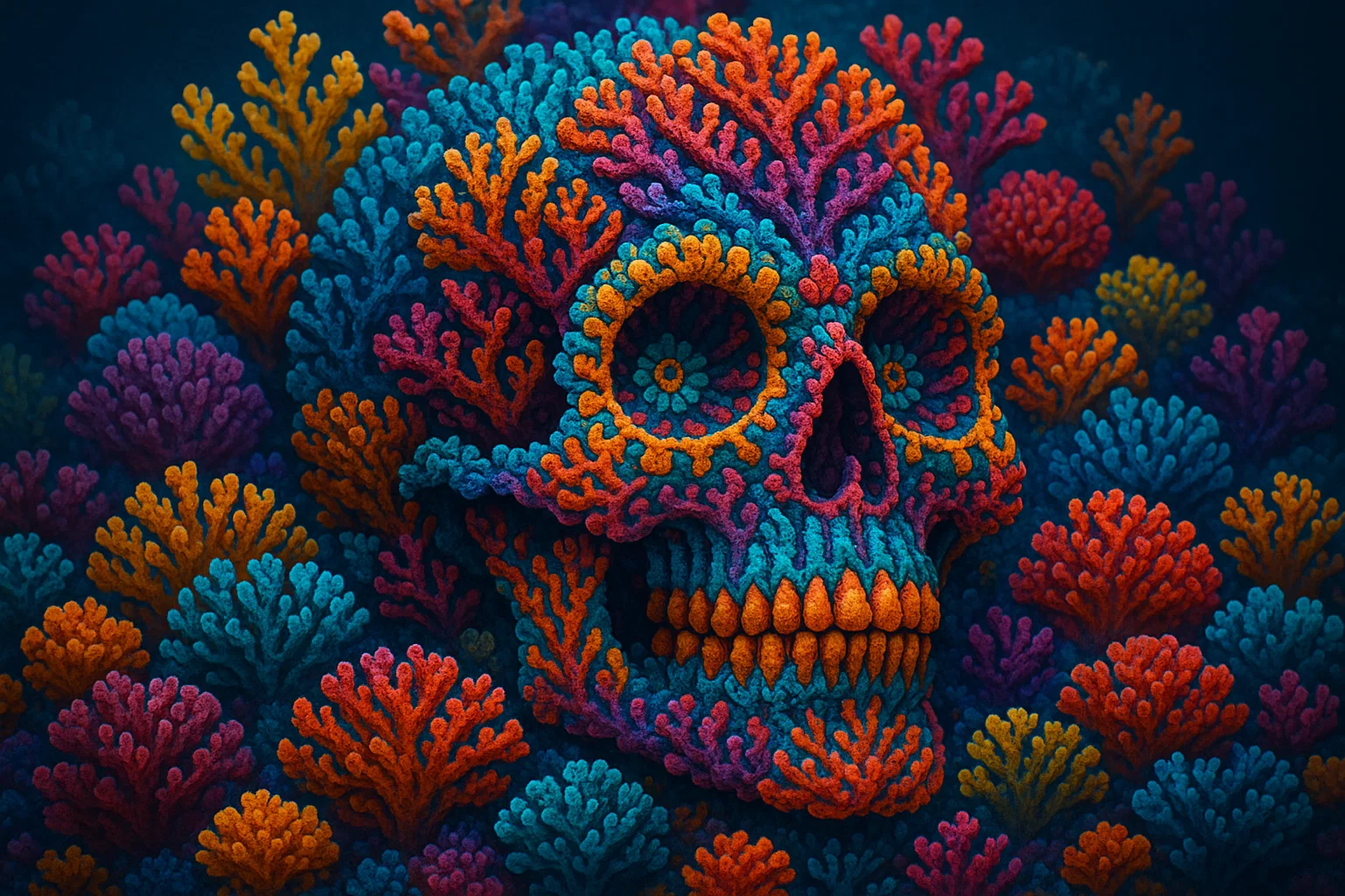 Vibrant coral skull symbolizing the intersection of life and death in contemplative practice